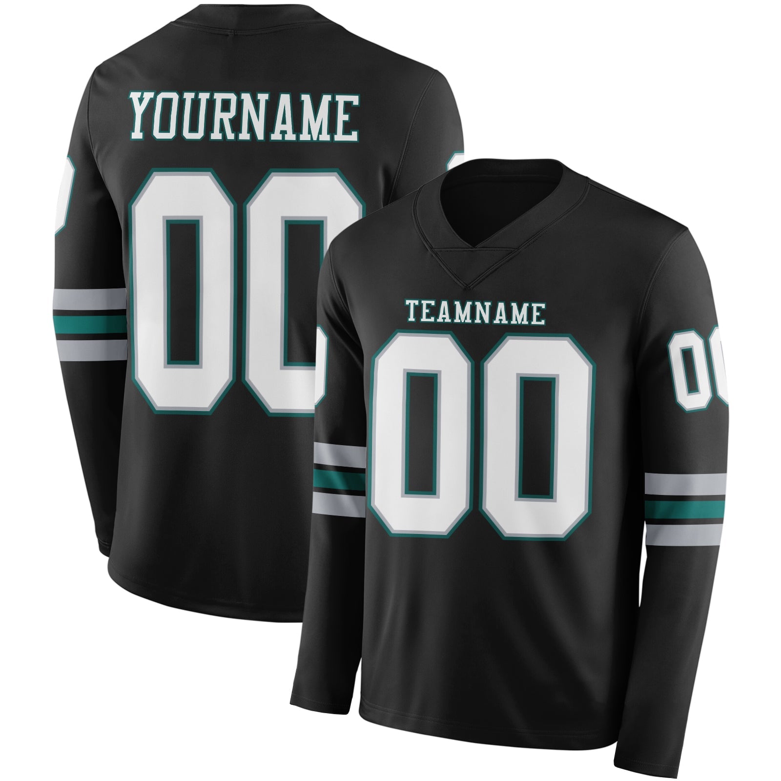 Custom Black White Gray-Midnight Green Long Sleeve Authentic Football Jersey - Main View