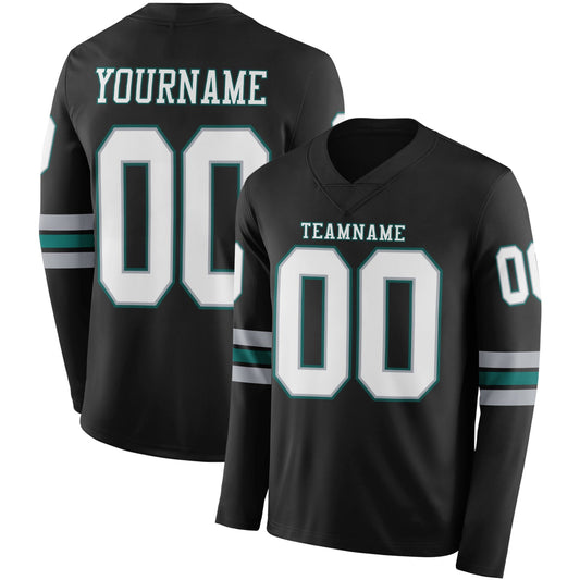 Custom Black White Gray-Midnight Green Long Sleeve Authentic Football Jersey - Main View