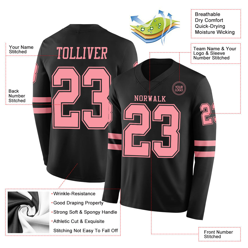 Custom Black Medium Pink Long Sleeve Authentic Football Jersey view 2