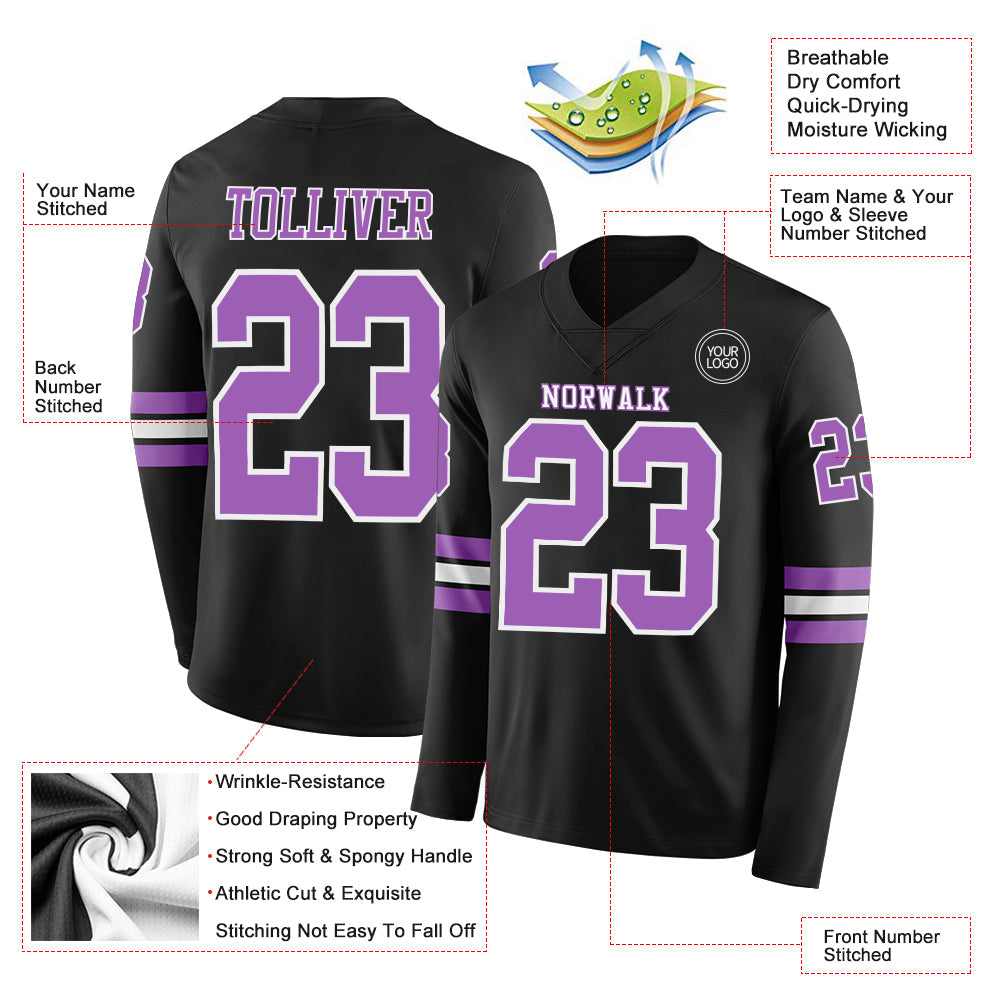 Custom Black Medium Purple-White Long Sleeve Authentic Football Jersey view 2