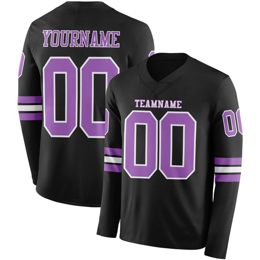 Custom Black Medium Purple-White Long Sleeve Authentic Football Jersey - Main View