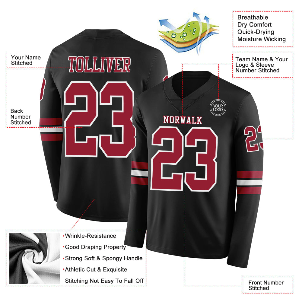 Custom Black Cardinal-White Long Sleeve Authentic Football Jersey view 2
