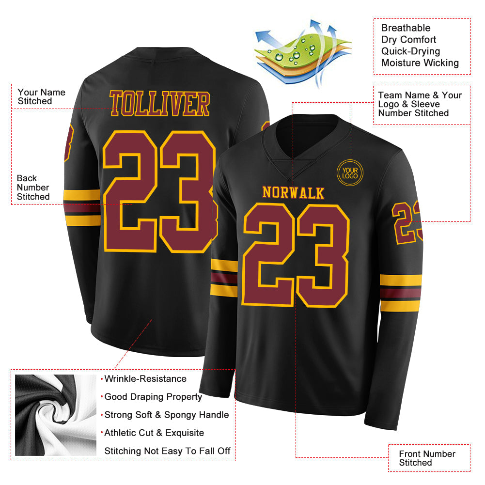 Custom Black Cardinal-Gold Long Sleeve Authentic Football Jersey view 2