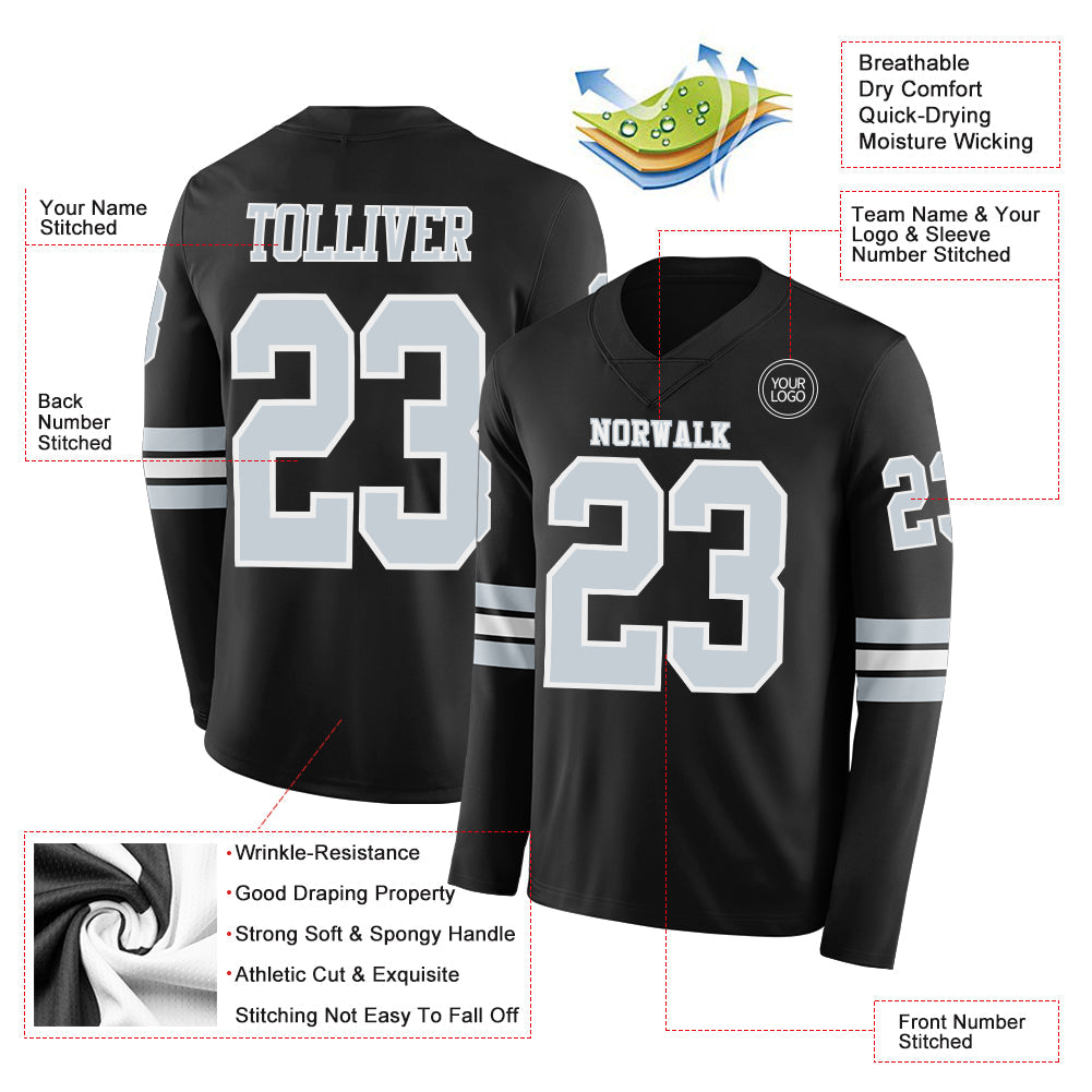 Custom Black Silver-White Long Sleeve Authentic Football Jersey view 2