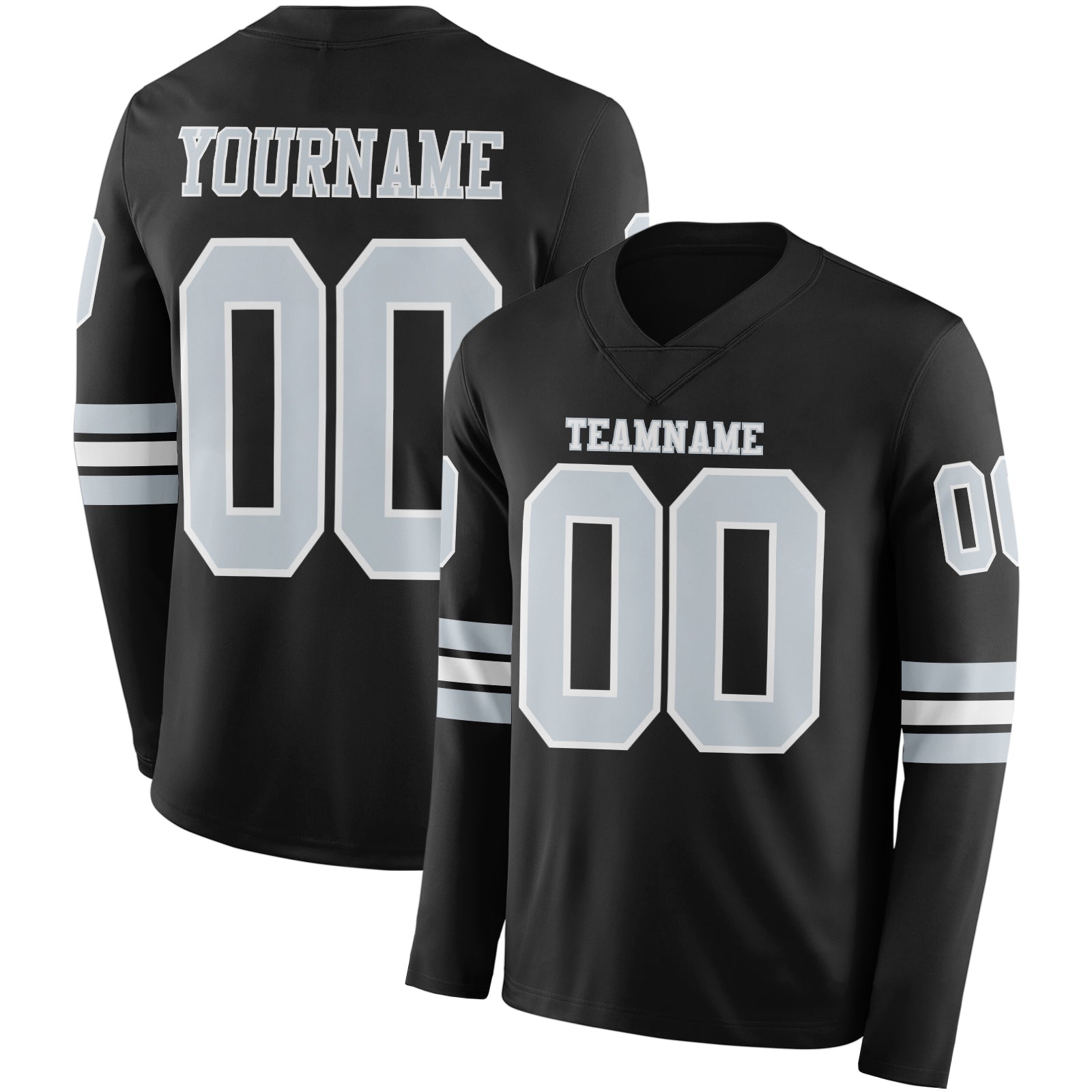 Custom Black Silver-White Long Sleeve Authentic Football Jersey - Main View