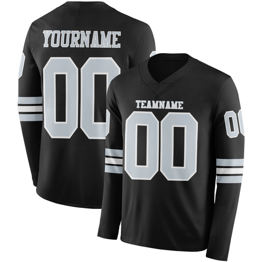 Custom Black Silver-White Long Sleeve Authentic Football Jersey - Main View