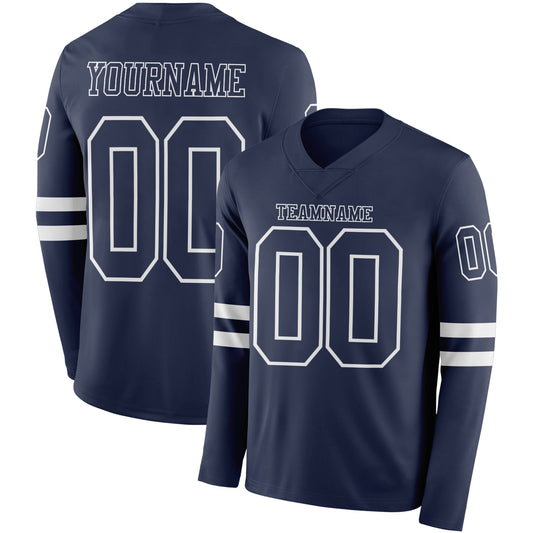 Custom Navy White Long Sleeve Authentic Football Jersey - Main View