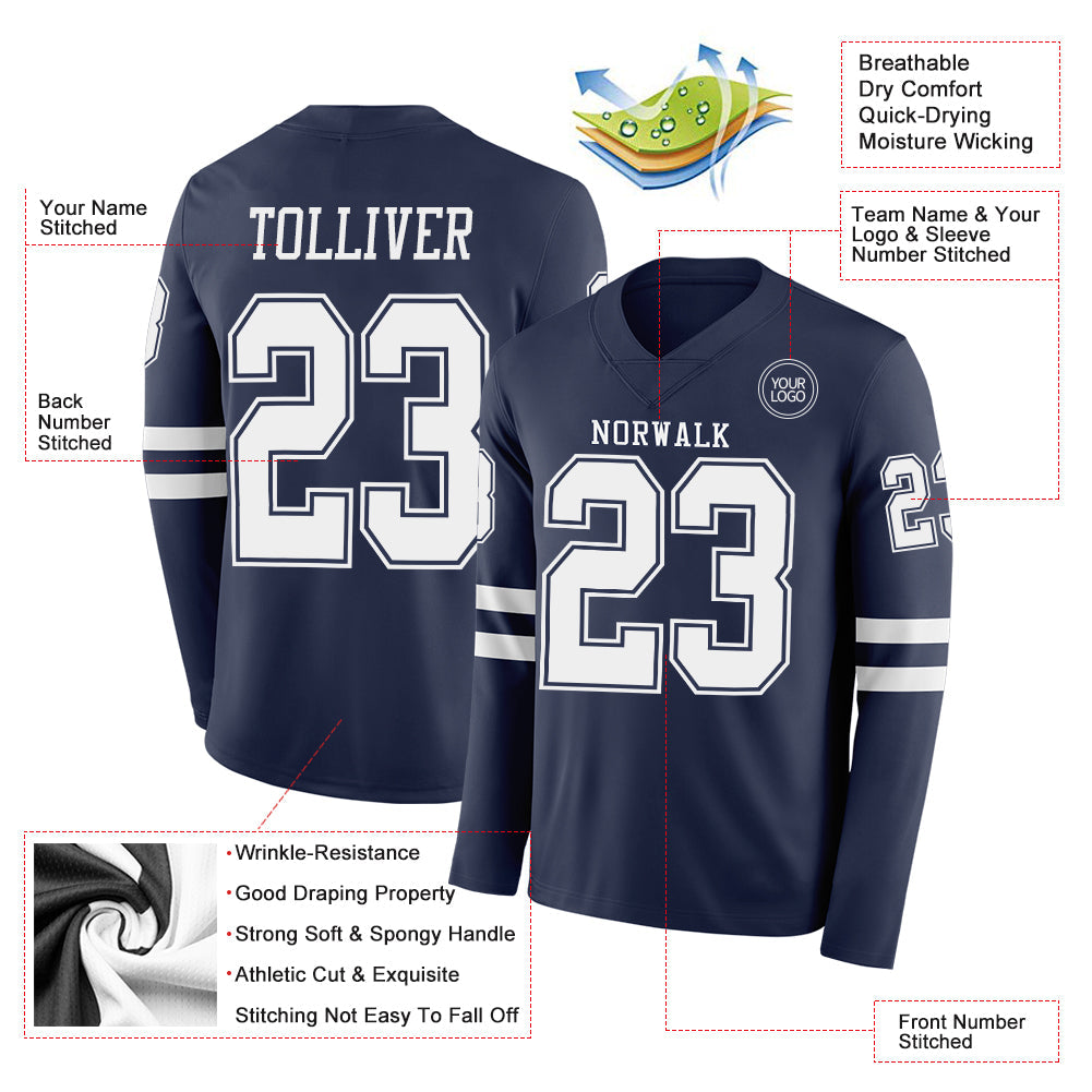 Custom Navy White Long Sleeve Authentic Football Jersey view 2