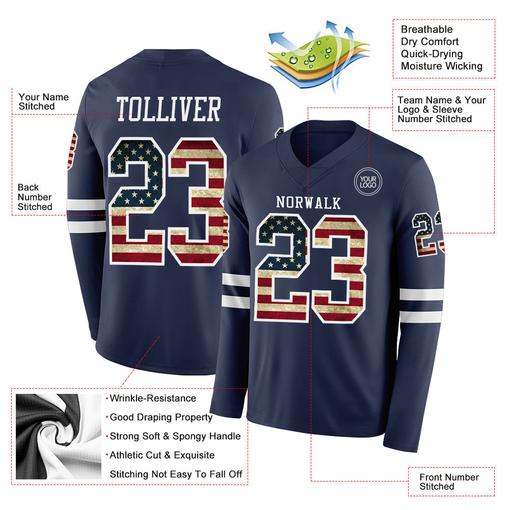 Custom Navy Vintage USA Flag-White Long Sleeve Authentic Football Jersey view 2