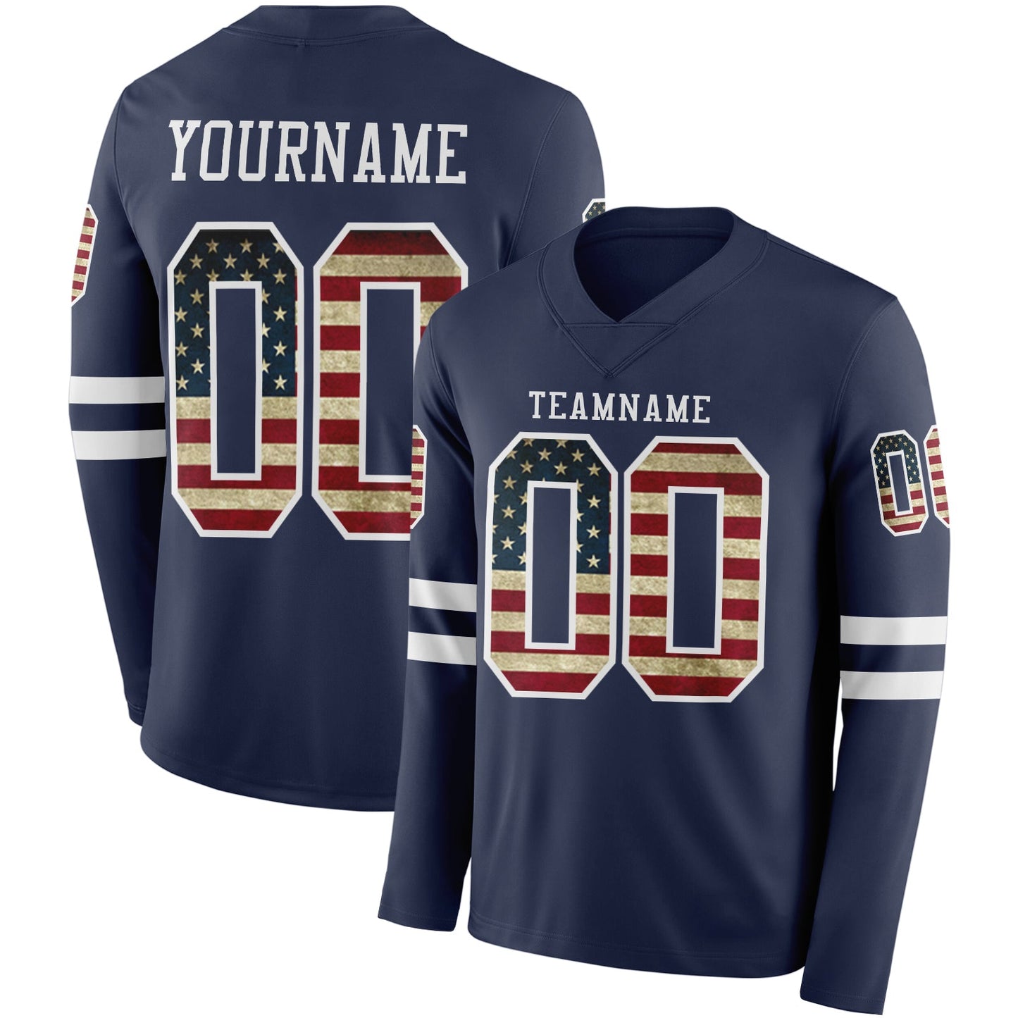 Custom Navy Vintage USA Flag-White Long Sleeve Authentic Football Jersey - Main View