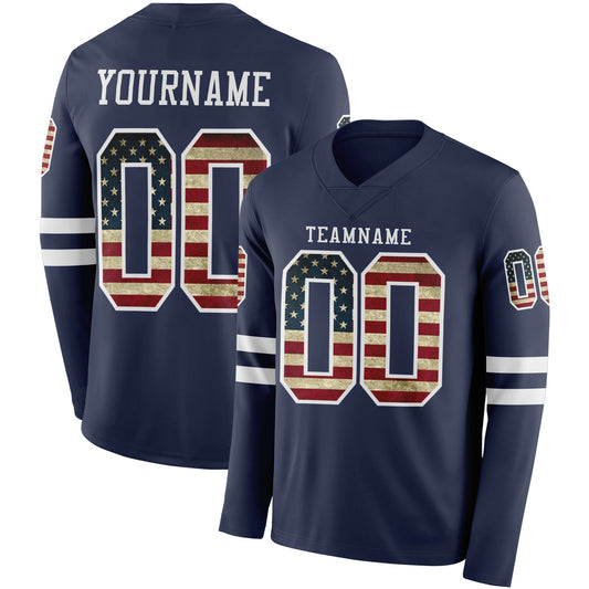 Custom Navy Vintage USA Flag-White Long Sleeve Authentic Football Jersey - Main View