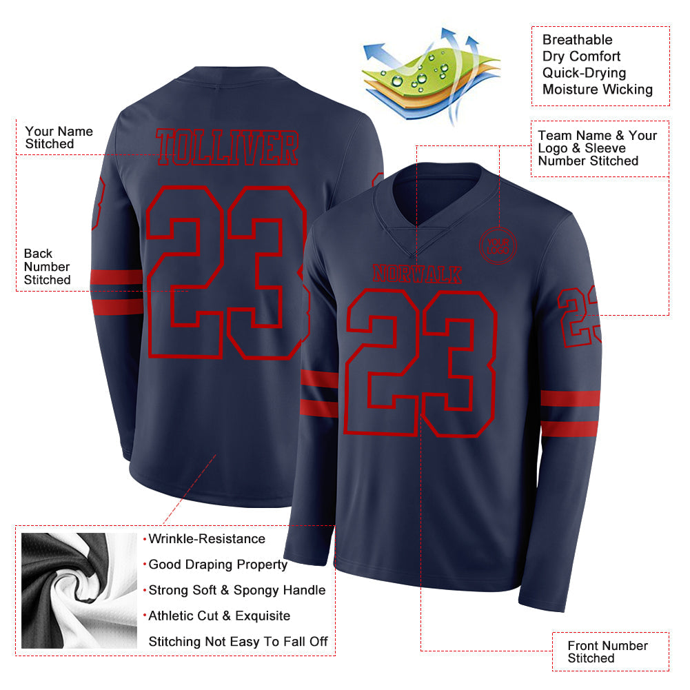 Custom Navy Red Long Sleeve Authentic Football Jersey view 2