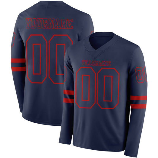 Custom Navy Red Long Sleeve Authentic Football Jersey - Main View