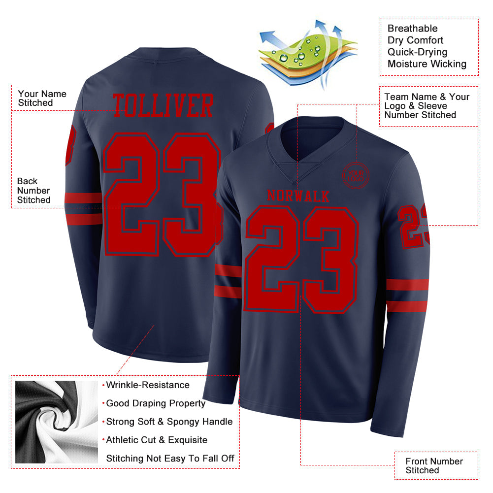 Custom Navy Red Long Sleeve Authentic Football Jersey view 2