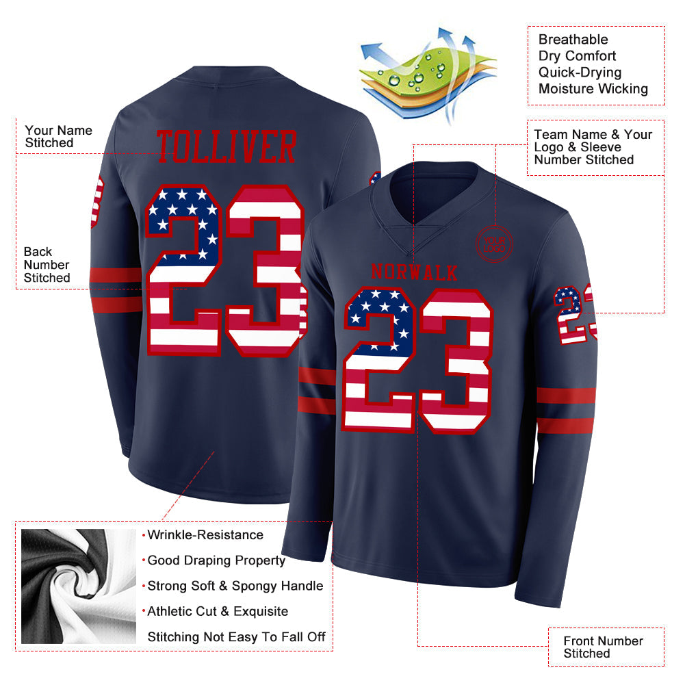 Custom Navy USA Flag-Red Long Sleeve Authentic Football Jersey view 2