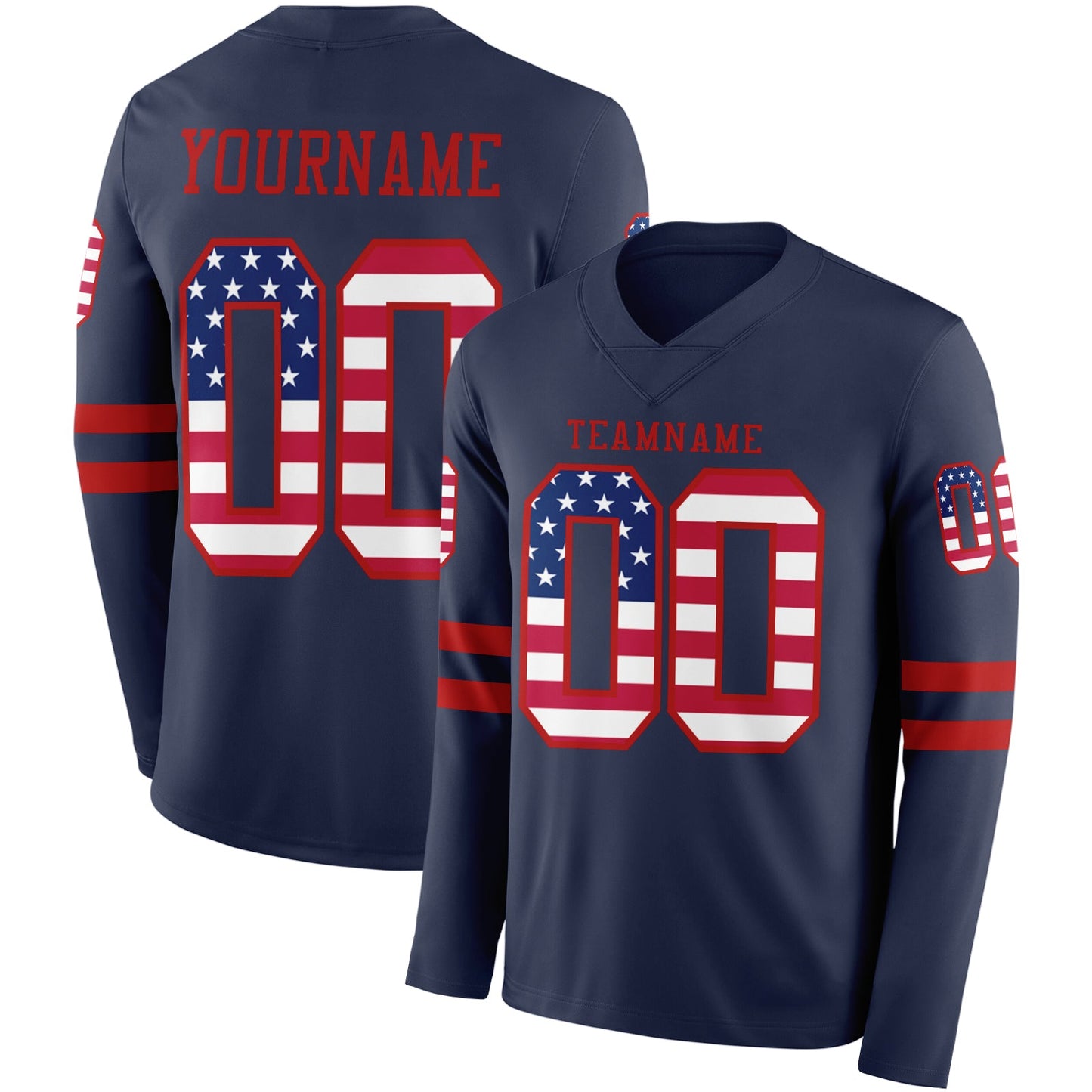 Custom Navy USA Flag-Red Long Sleeve Authentic Football Jersey - Main View