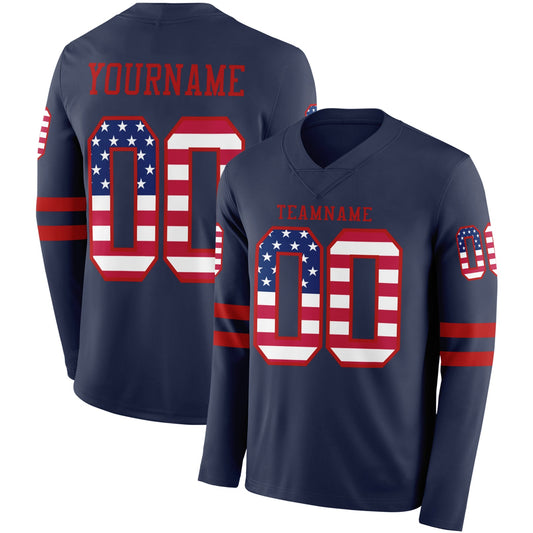 Custom Navy USA Flag-Red Long Sleeve Authentic Football Jersey - Main View