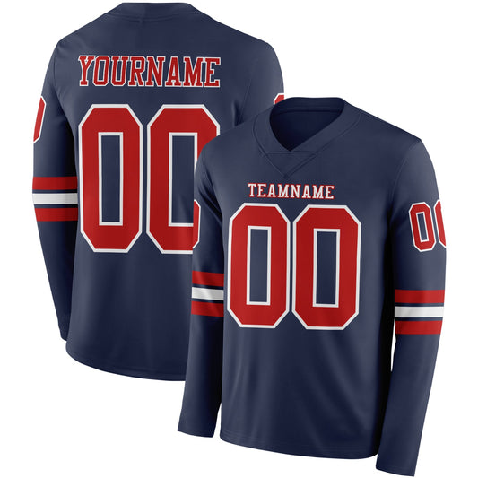 Custom Navy Red-White Long Sleeve Authentic Football Jersey - Main View