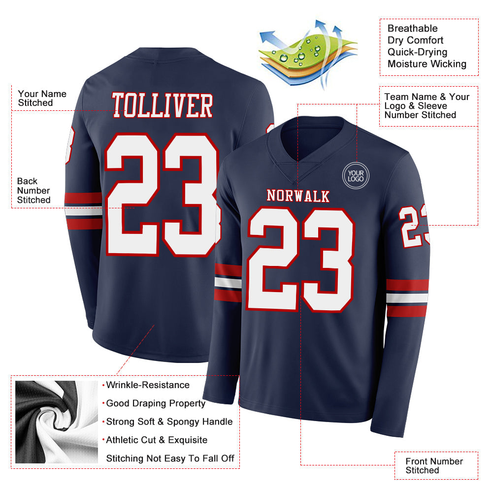 Custom Navy White-Red Long Sleeve Authentic Football Jersey view 2