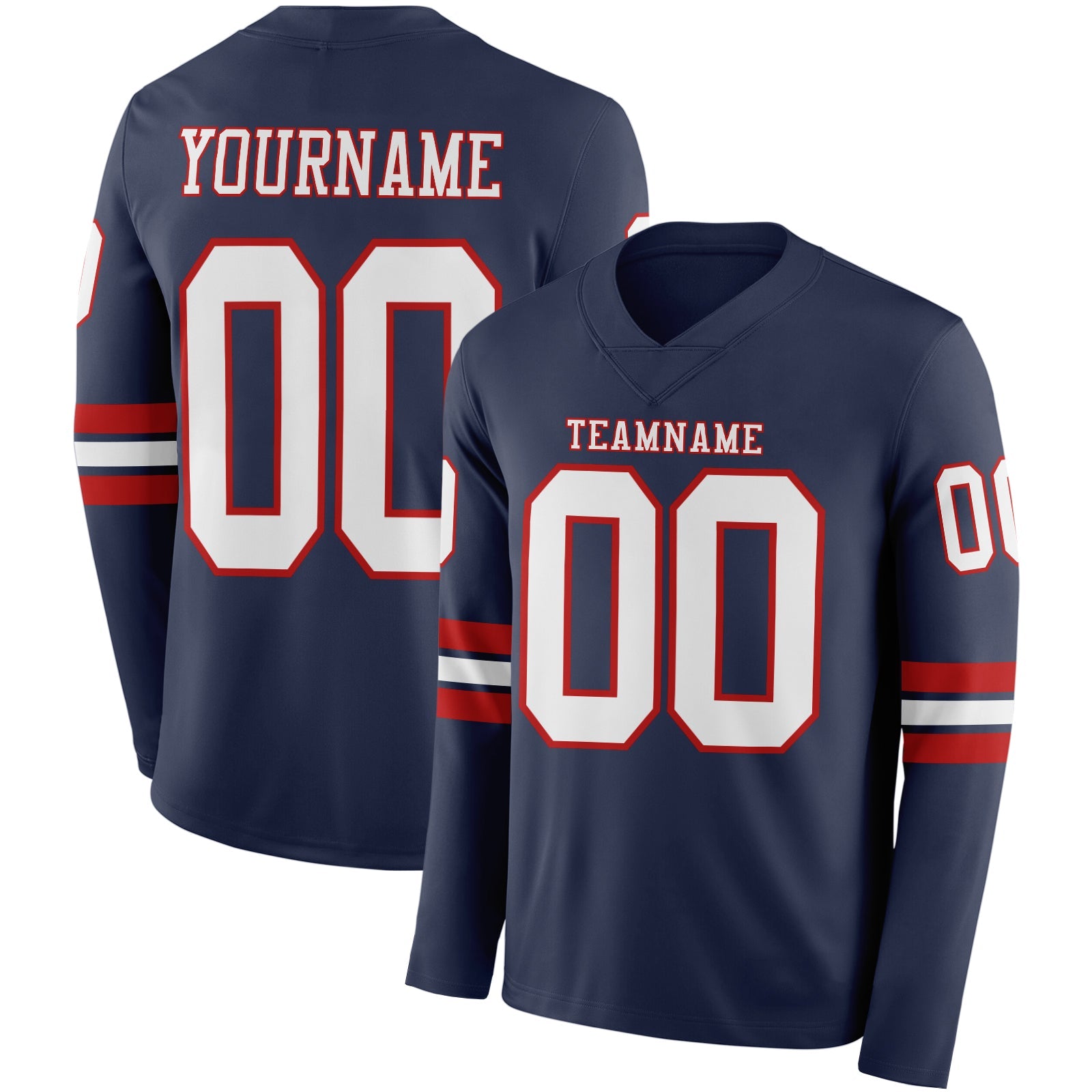 Custom Navy White-Red Long Sleeve Authentic Football Jersey - Main View