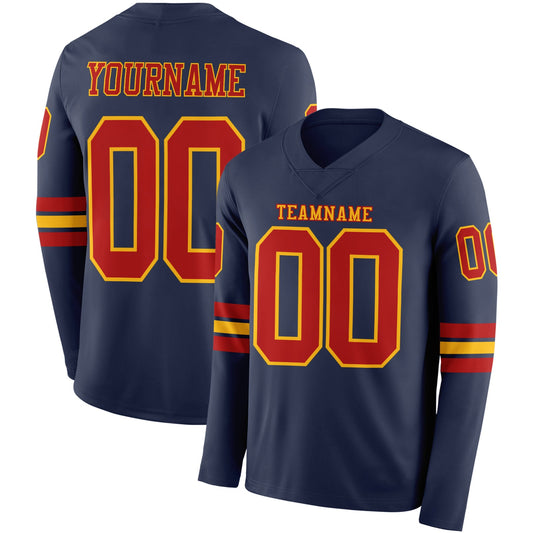 Custom Navy Red-Gold Long Sleeve Authentic Football Jersey - Main View