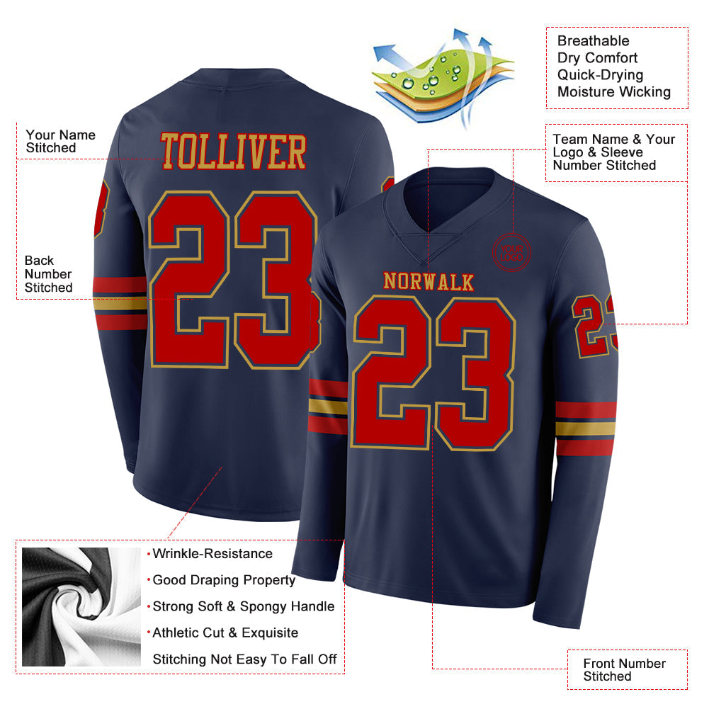 Custom Navy Red-Old Gold Long Sleeve Authentic Football Jersey view 2