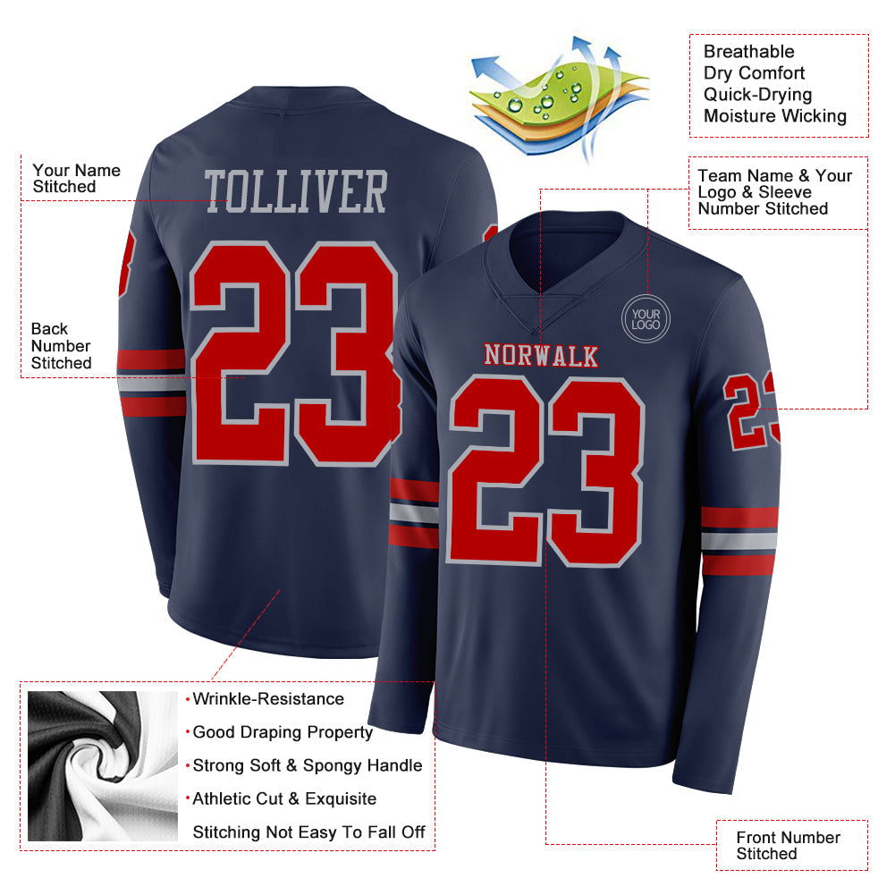 Custom Navy Red-Gray Long Sleeve Authentic Football Jersey view 2