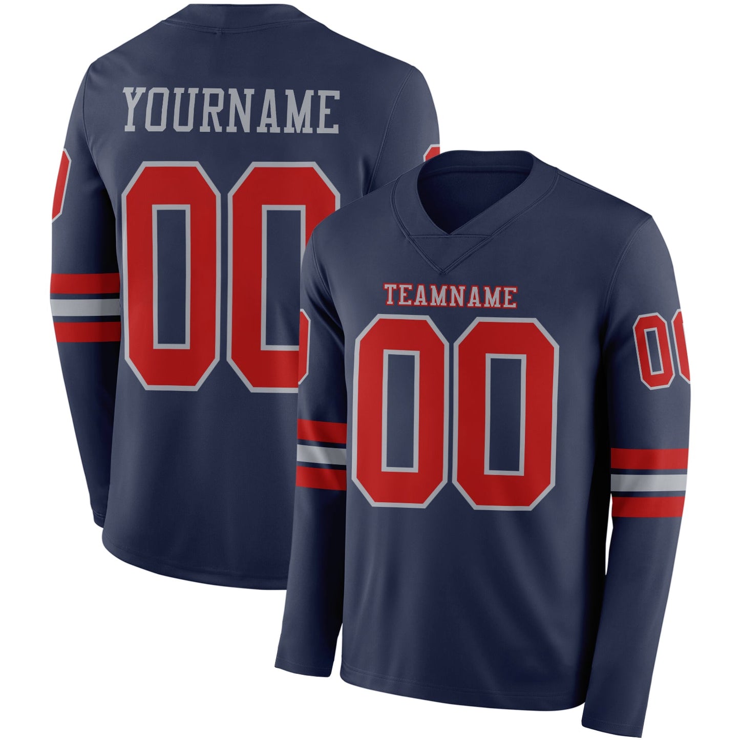 Custom Navy Red-Gray Long Sleeve Authentic Football Jersey - Main View