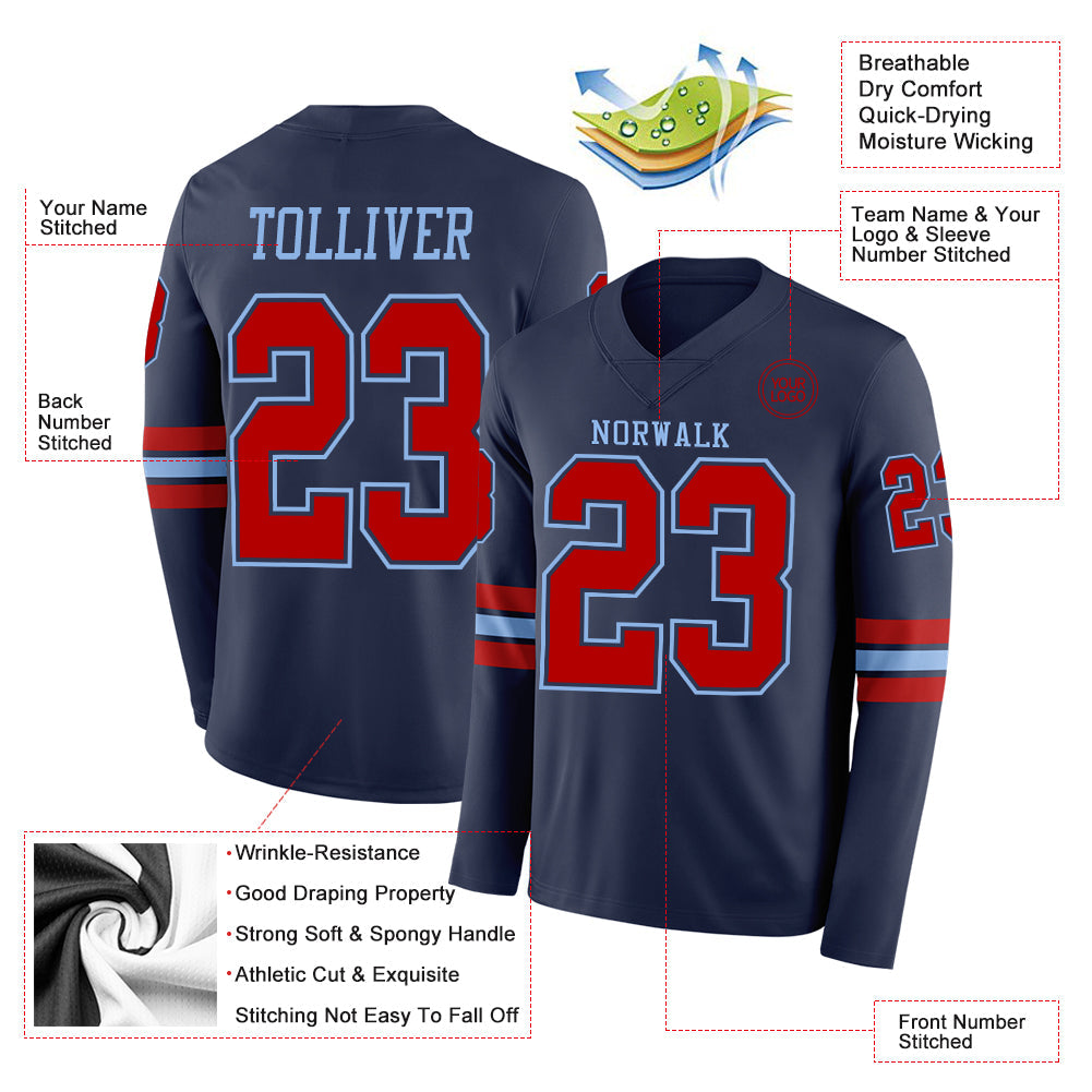 Custom Navy Red-Light Blue Long Sleeve Authentic Football Jersey view 2