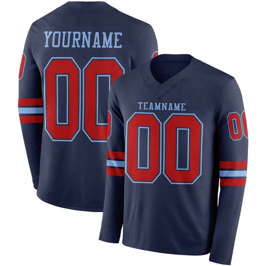 Custom Navy Red-Light Blue Long Sleeve Authentic Football Jersey - Main View