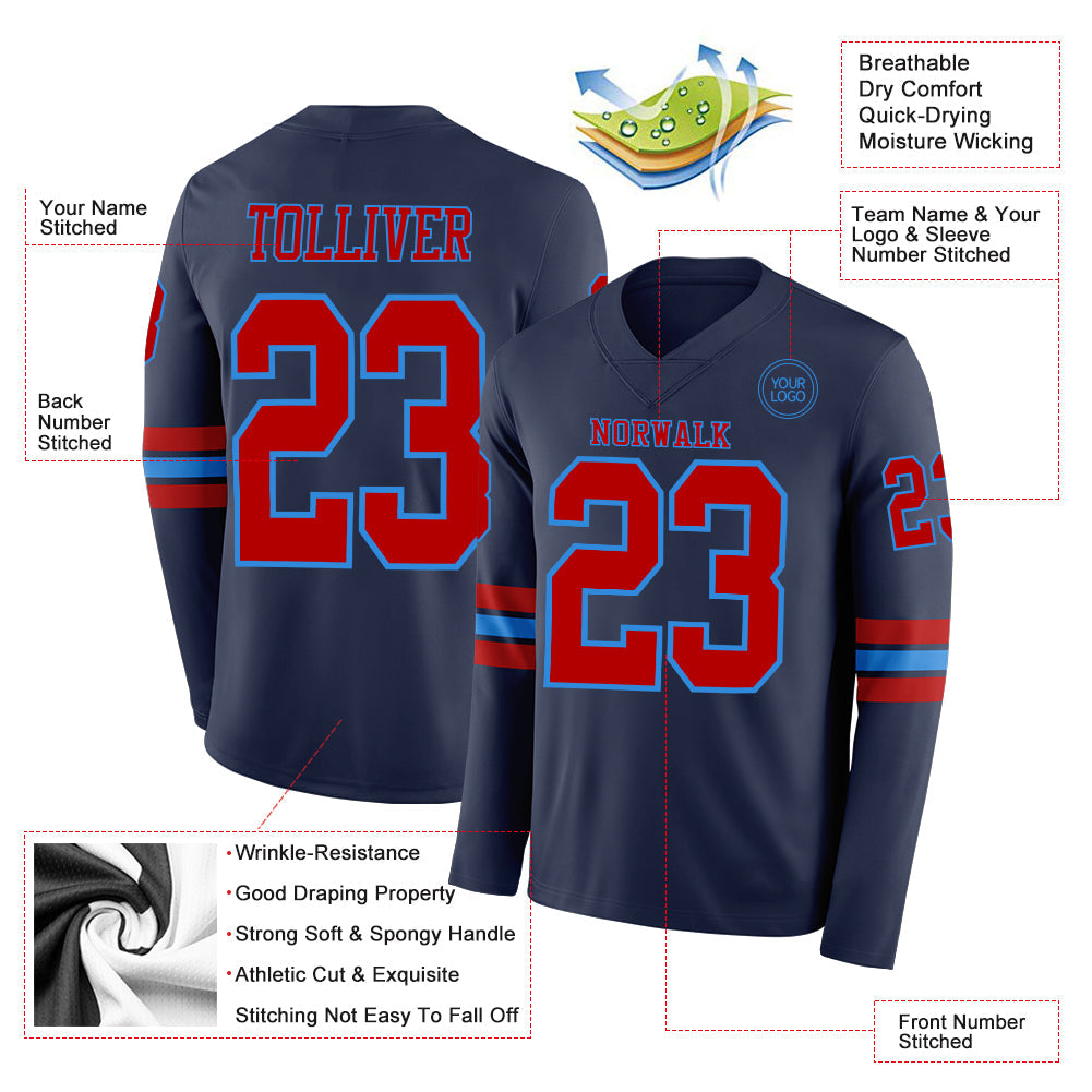 Custom Navy Red-Powder Blue Long Sleeve Authentic Football Jersey view 2