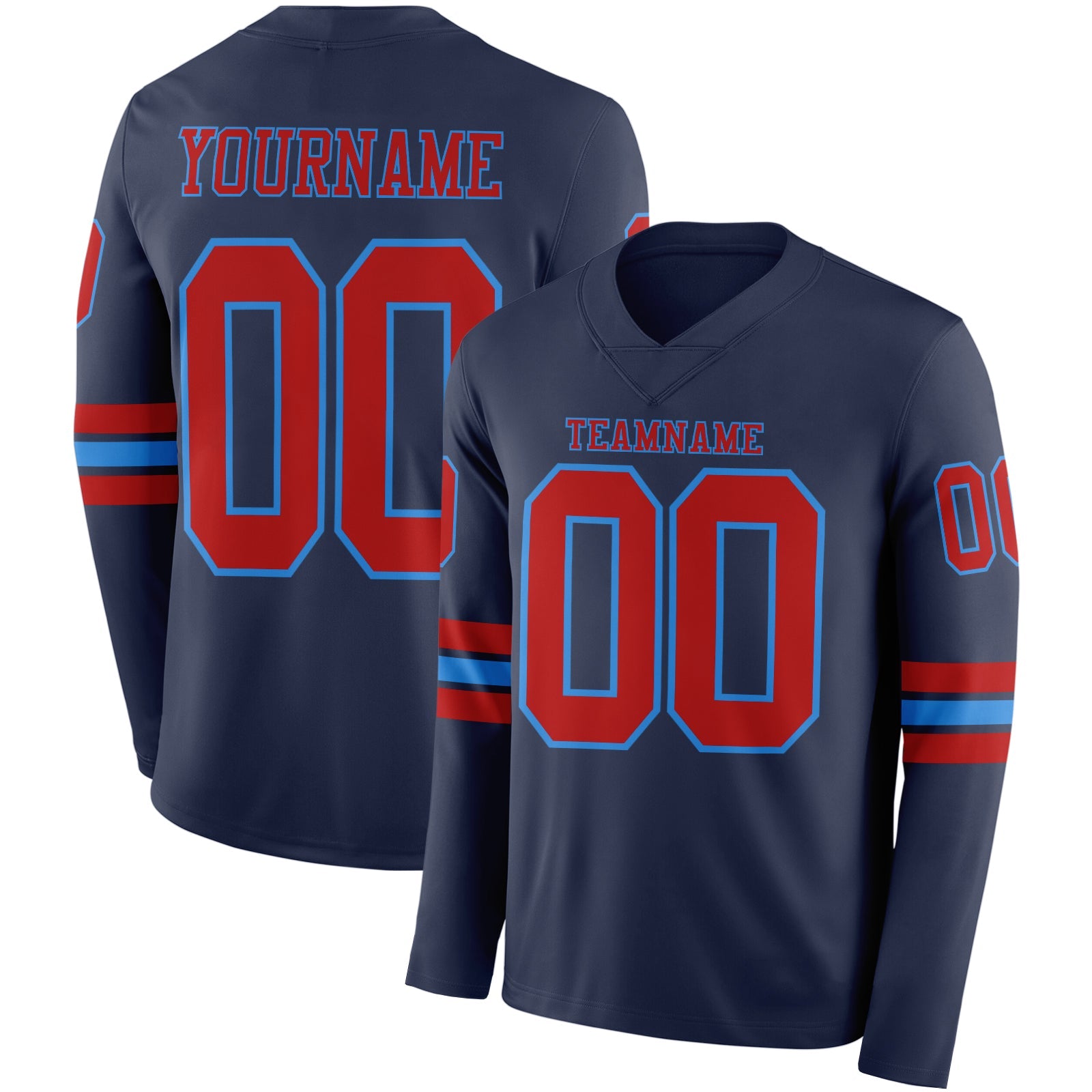 Custom Navy Red-Powder Blue Long Sleeve Authentic Football Jersey - Main View