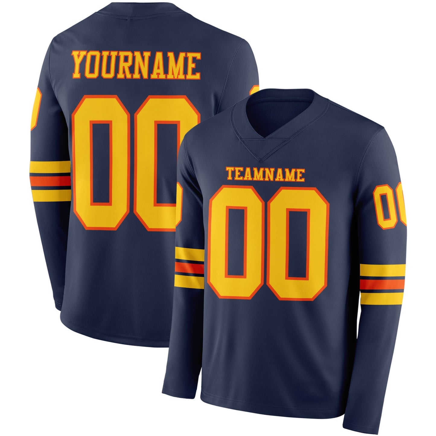 Custom Navy Yellow-Orange Long Sleeve Authentic Football Jersey - Main View