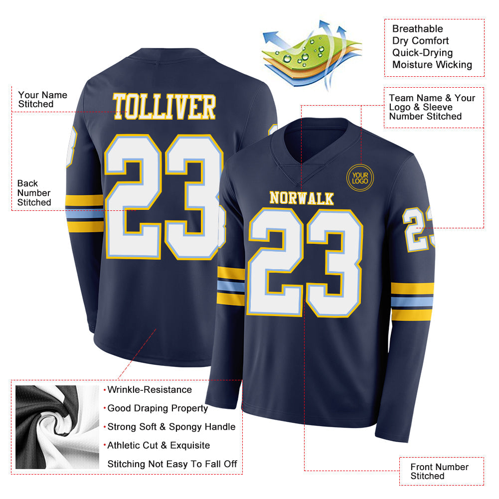 Custom Navy White Light Blue-Yellow Long Sleeve Authentic Football Jersey view 2
