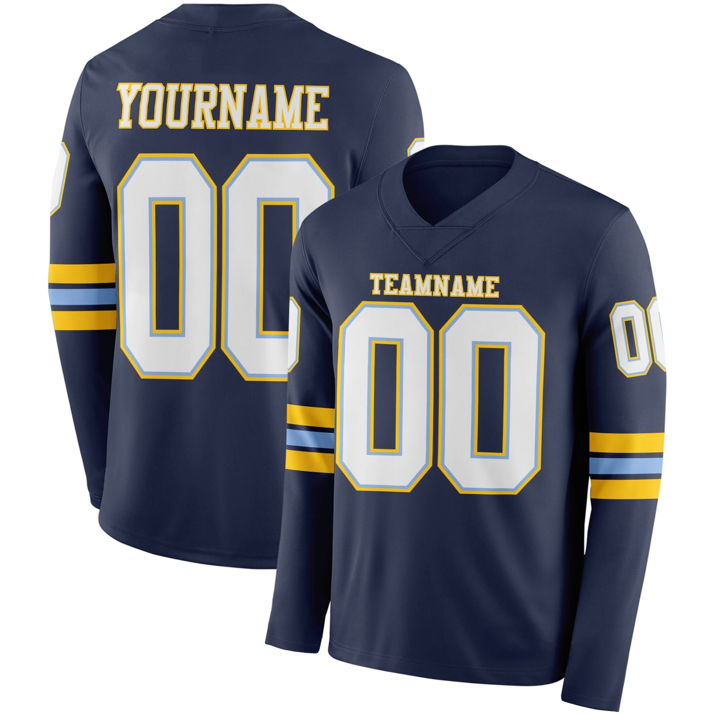 Custom Navy White Light Blue-Yellow Long Sleeve Authentic Football Jersey - Main View