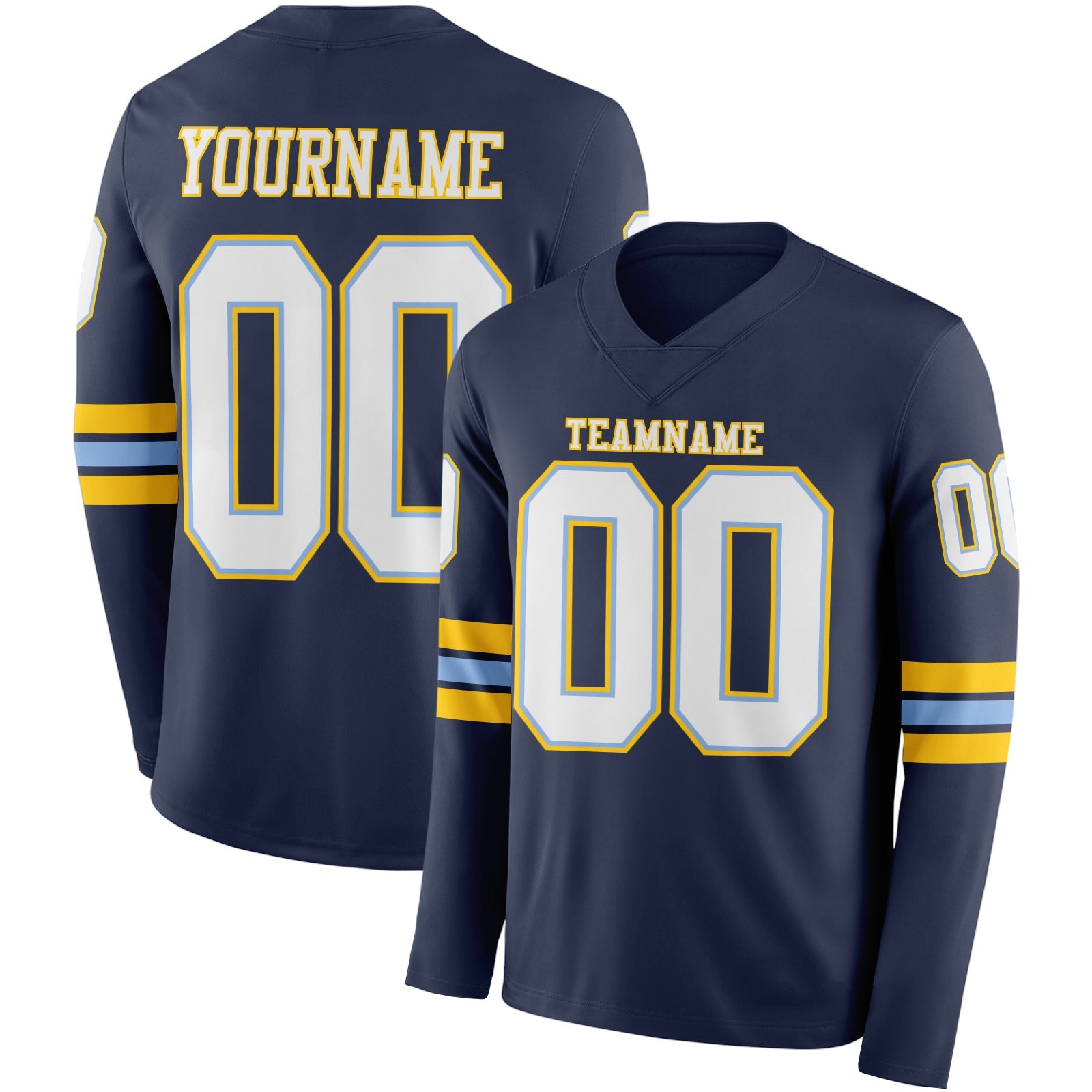 Custom Navy White Light Blue-Yellow Long Sleeve Authentic Football Jersey - Main View