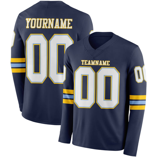 Custom Navy White Light Blue-Yellow Long Sleeve Authentic Football Jersey - Main View