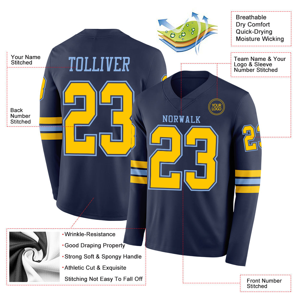 Custom Navy Yellow-Light Blue Long Sleeve Authentic Football Jersey view 2