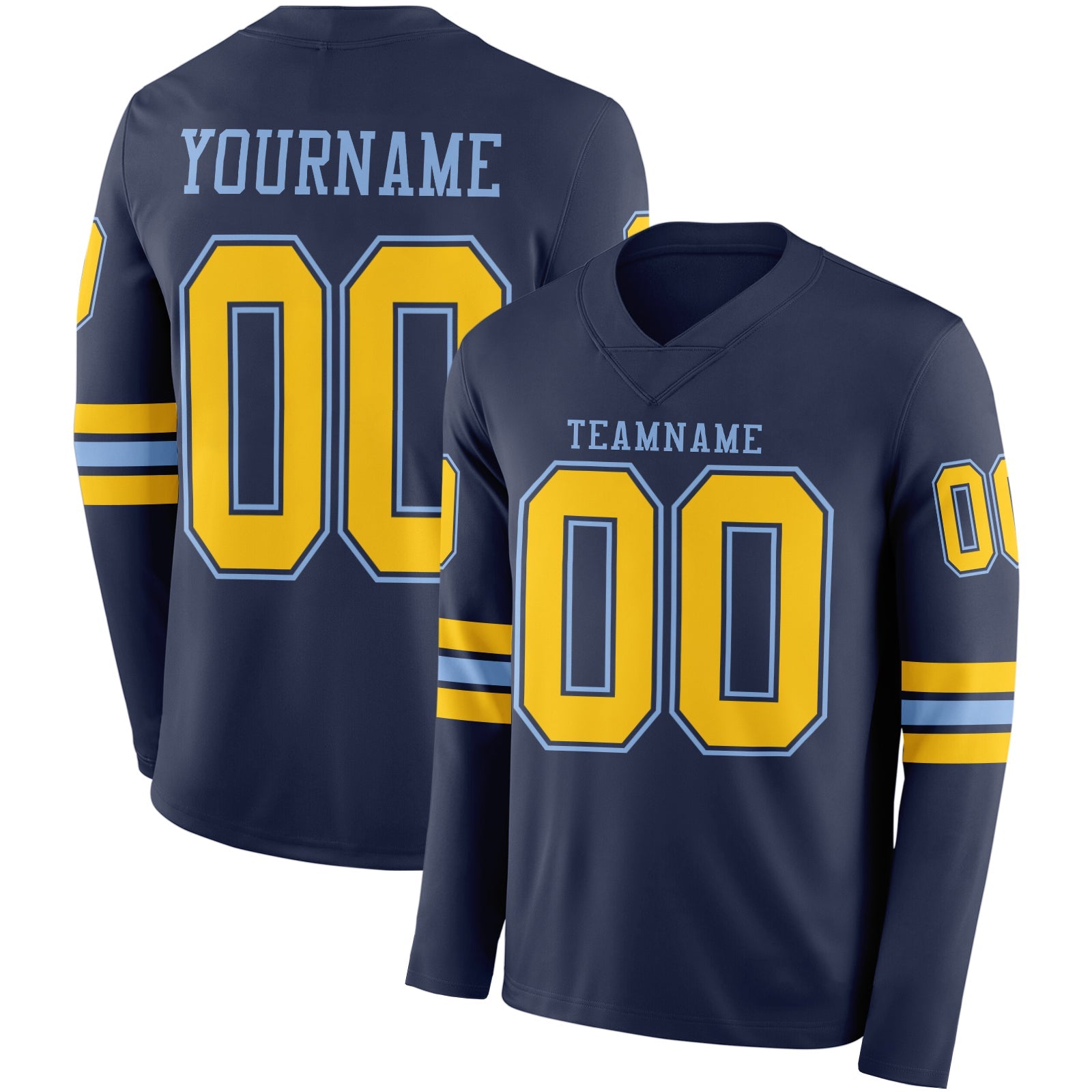 Custom Navy Yellow-Light Blue Long Sleeve Authentic Football Jersey - Main View