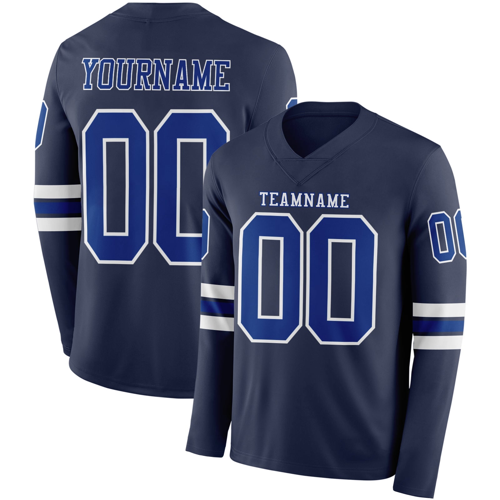 Custom Navy Royal-White Long Sleeve Authentic Football Jersey - Main View