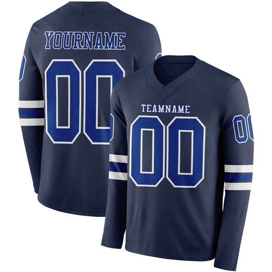 Custom Navy Royal-White Long Sleeve Authentic Football Jersey - Main View