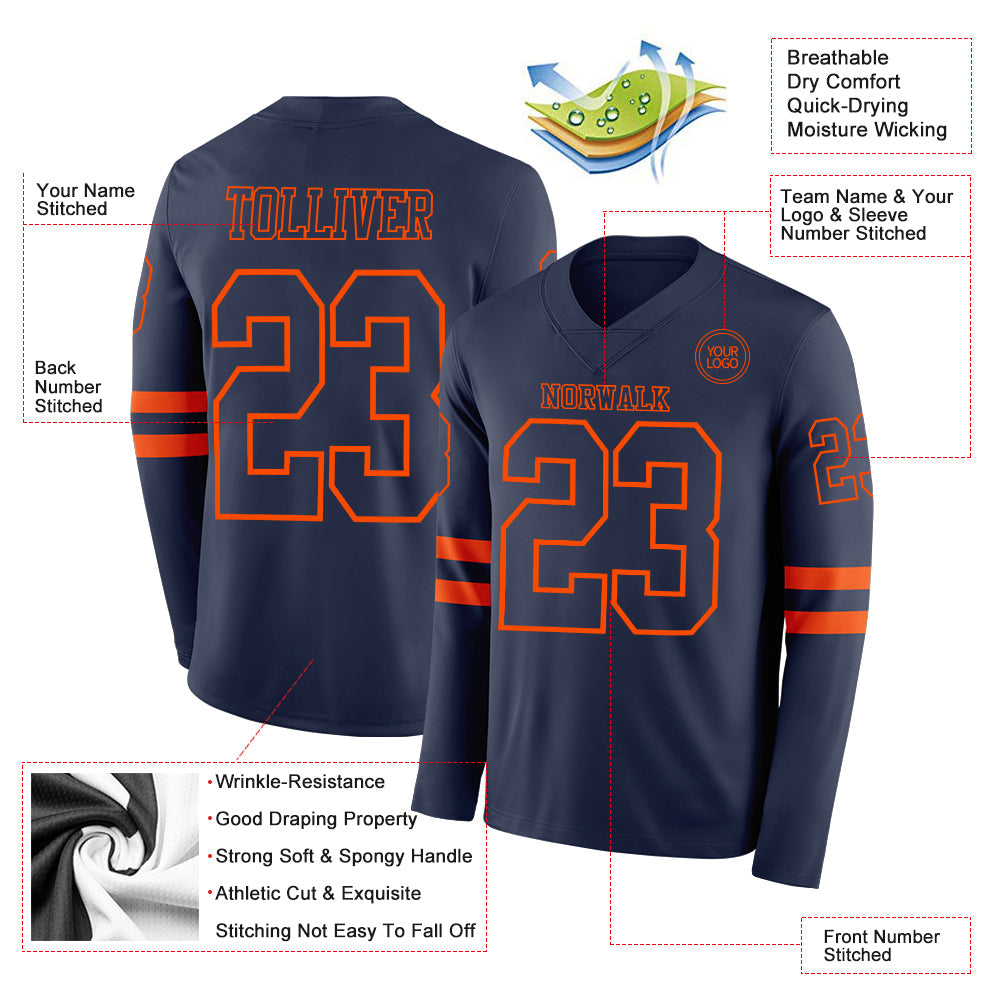 Custom Navy Orange Long Sleeve Authentic Football Jersey view 2