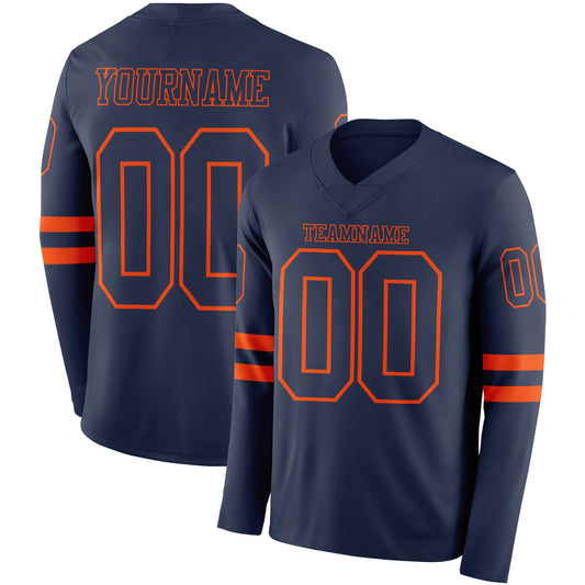 Custom Navy Orange Long Sleeve Authentic Football Jersey - Main View