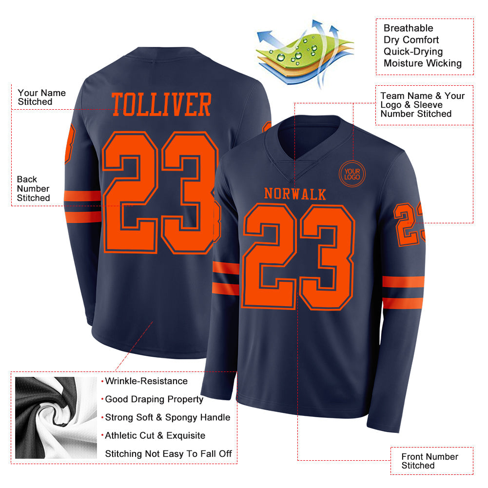 Custom Navy Orange Long Sleeve Authentic Football Jersey view 2