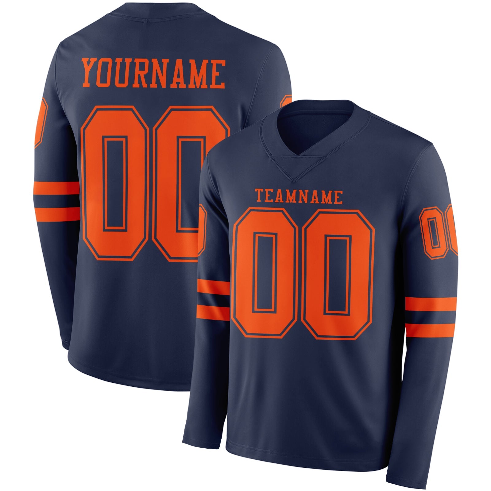 Custom Navy Orange Long Sleeve Authentic Football Jersey - Main View