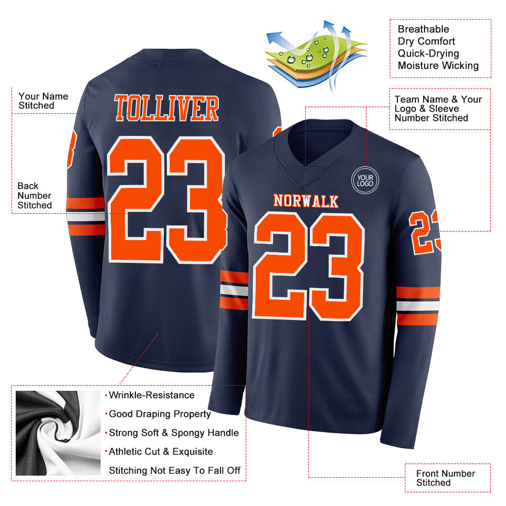 Custom Navy Orange-White Long Sleeve Authentic Football Jersey view 2
