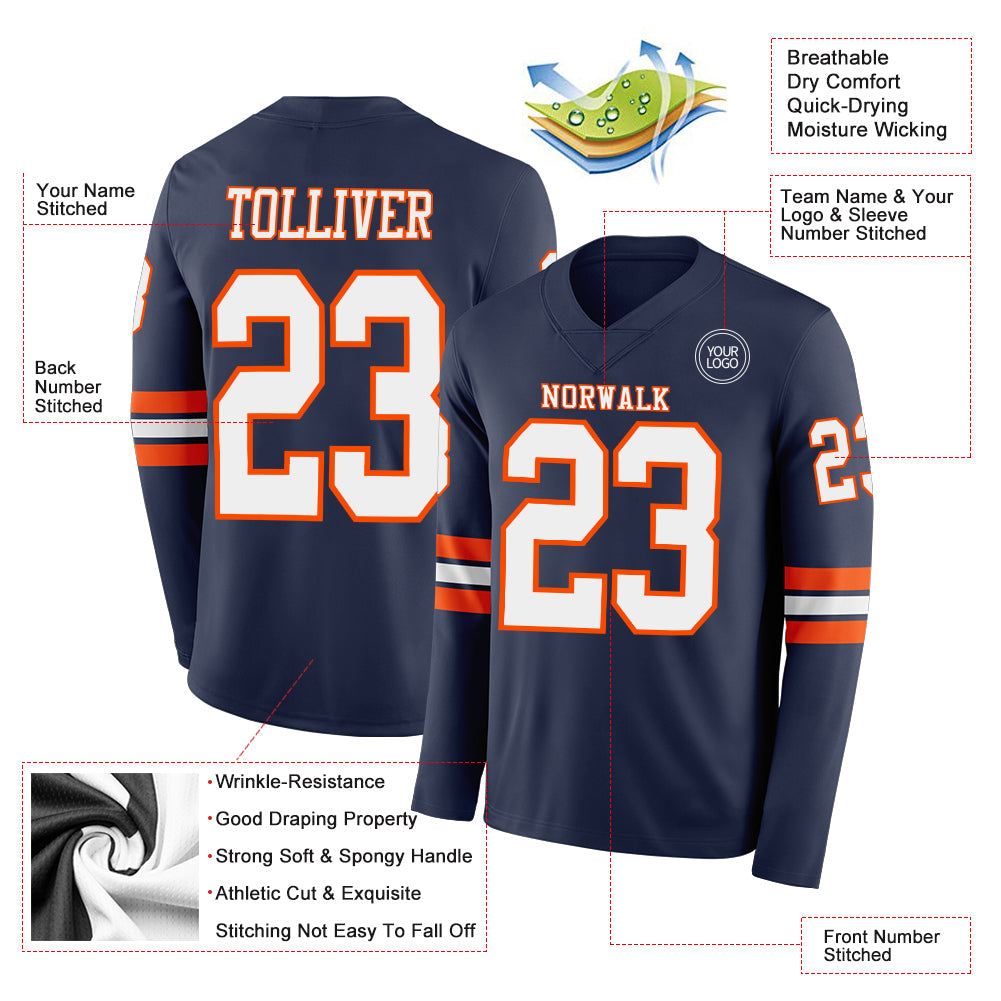 Custom Navy White-Orange Long Sleeve Authentic Football Jersey view 2