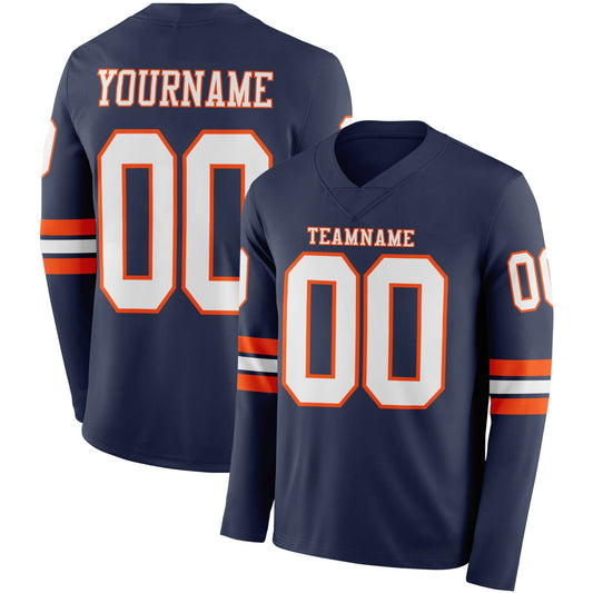 Custom Navy White-Orange Long Sleeve Authentic Football Jersey - Main View