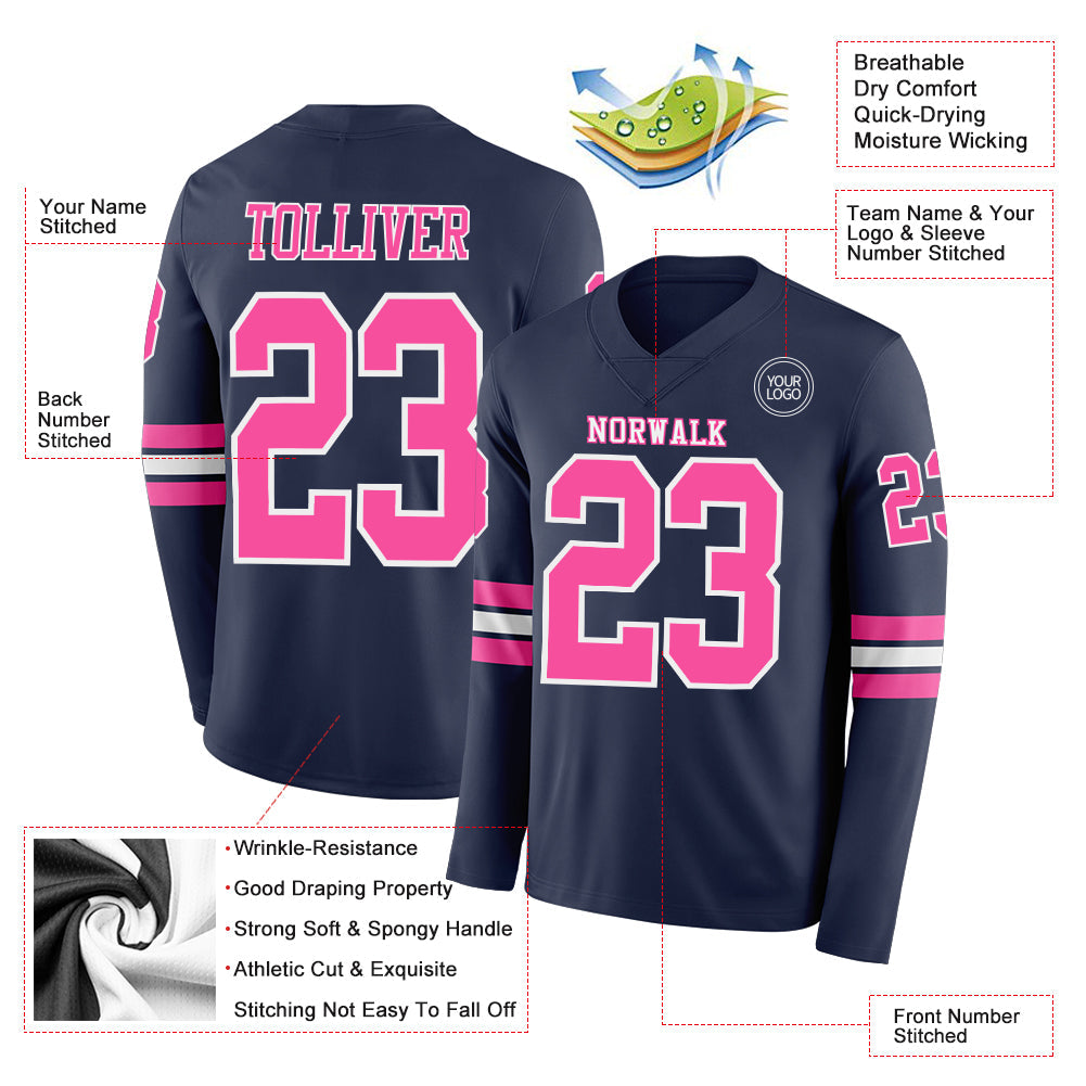 Custom Navy Pink-White Long Sleeve Authentic Football Jersey view 2