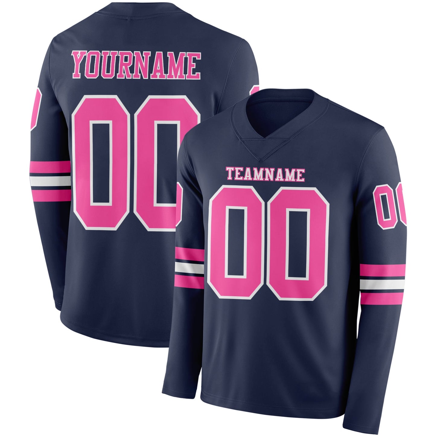 Custom Navy Pink-White Long Sleeve Authentic Football Jersey - Main View
